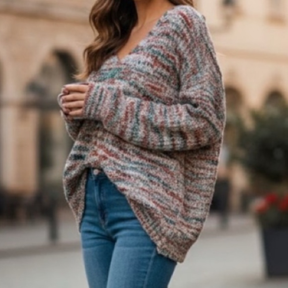 Adyson Parker Oversized Knit Pullover Cozy V-Neck Multicolor Sweater XS